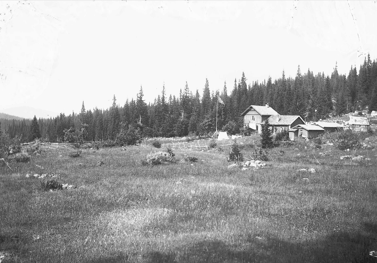 Axel Quinsgaard Wiborg, Hus på Holoa seter, Hadeland, Jevnaker, Oppland, 1903. Flagg og telt.