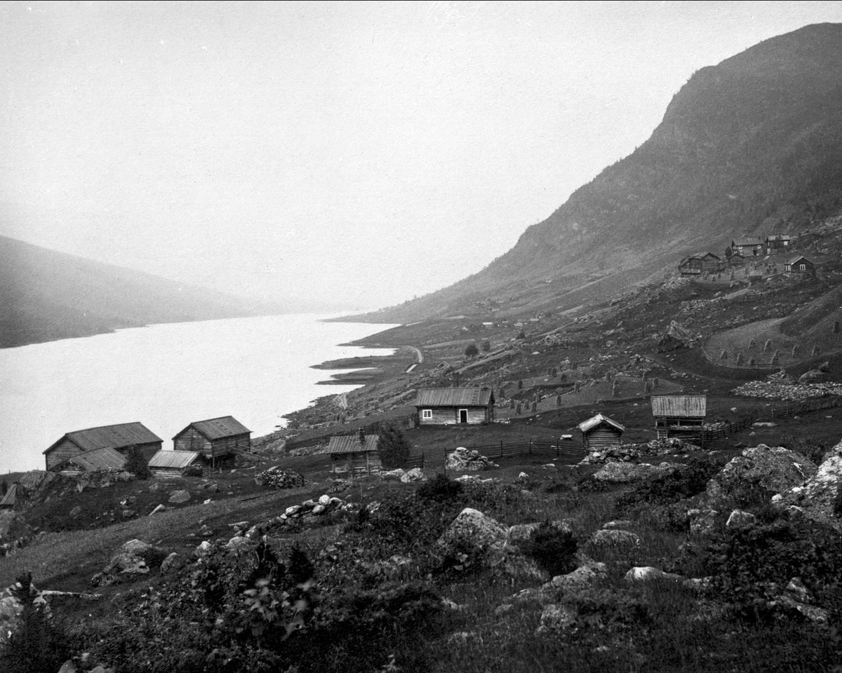 Gustav Borgen, Avfotografering. Trebyggelse liggende i skråning ned mot vann. Fjellterreng. Fjellgårder eller seterområde. Onnearbeid, tørking på innmark i såter.
