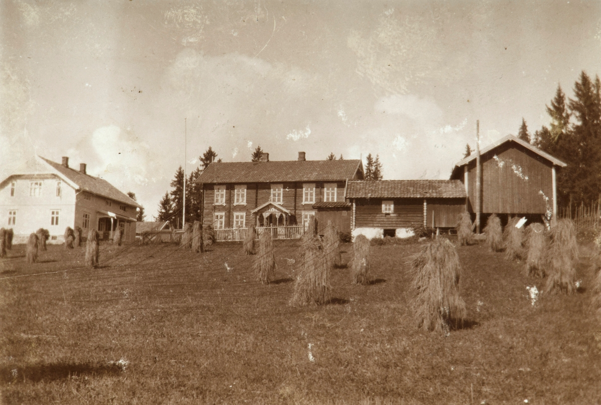 Ukjent, Vestås skole. F.v. Lærerboligen, skolebygningen, fjøs og låve. Kornsnes på åkeren.