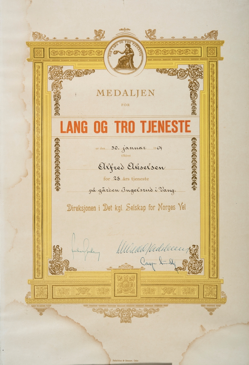 Ukjent, Diplom, "Lang og tro tjeneste" Alfred Akselsen, Ingelsrud gård, 83-1, Vang H.