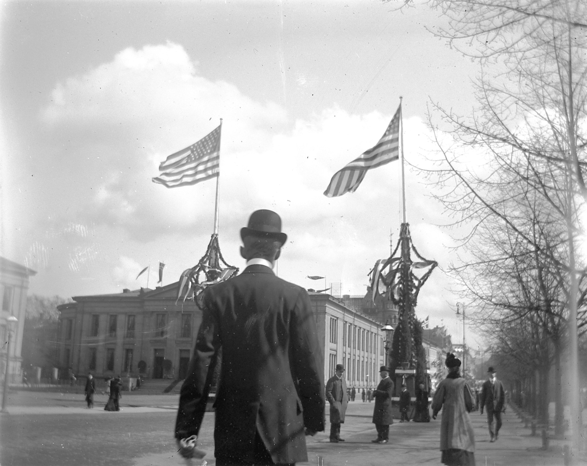 Johs. (Johannes) Johannessen, To amerikanske flagg ved Universitetsbygningen i Karl Johans gate i Oslo.