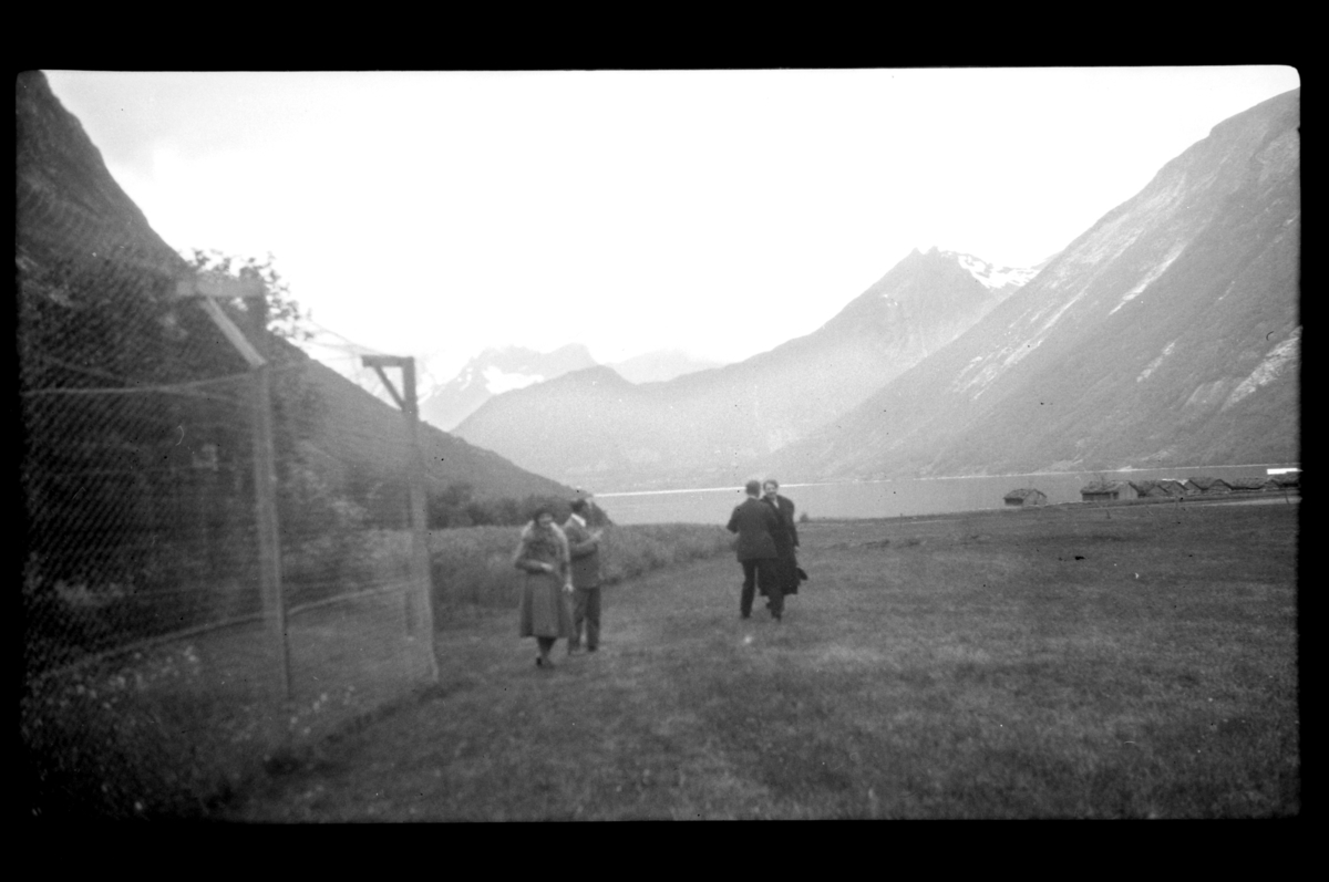 Rolf Sr. Sundt, Fire ukjente personer står i et landskap med en revefarm, flere hus ligger langs bredden ved en fjord. Fotografert 1927.