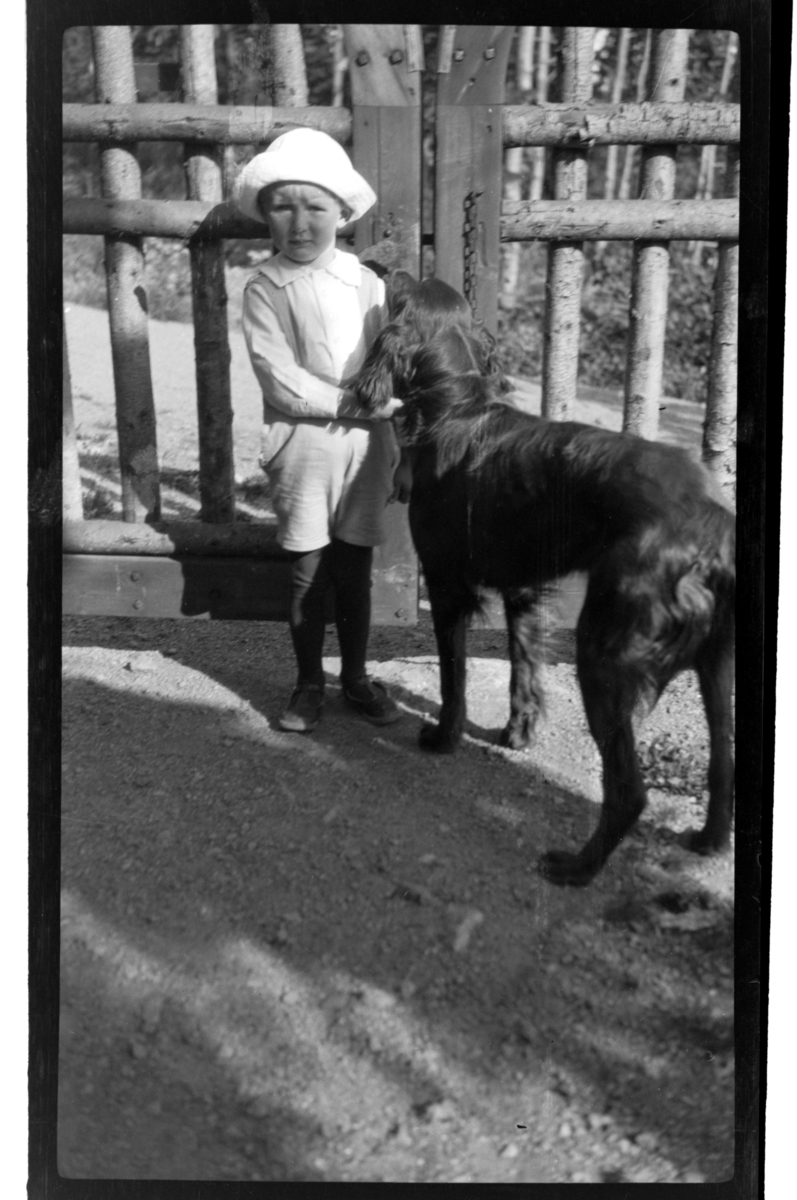 Rolf Sr. Sundt, Julius Sundt og Rollo står ved porten, Villa Knyggen. Fotografert 1920.
