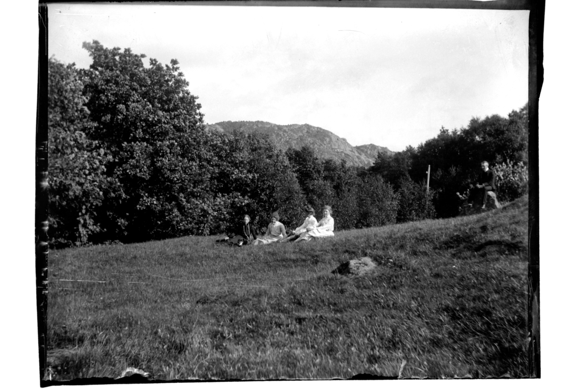Rolf Sr. Sundt, Fire kvinner og en mann sitter på gresset på Farøy. Fotografert 1903-04.