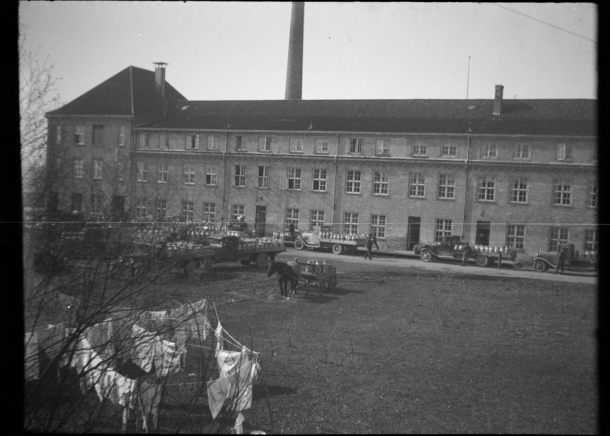 Karl Andreas Diesen, Hedmark Meieri, Vangsvegen 185, Hamar. Lastebiler, sjåfører, hester, melkespann.