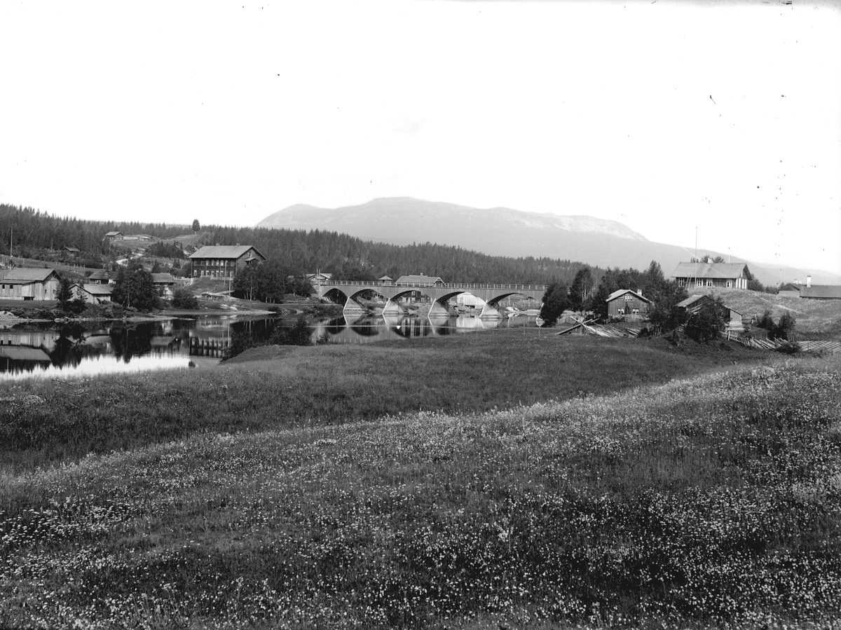 Jakob Jakobsen Engerdal, Nybergsund. Fotografert mot nord-vest fra østsida av Trysilelva, Trysilfjellet i bakgrunnen. Gammelbrua sto fra 1879-1929. På vestsida av elva ses husene på Nybakk og Nyberg, huset på østsida i to etasjer delvis skjult bak en høyde er Folkvang.