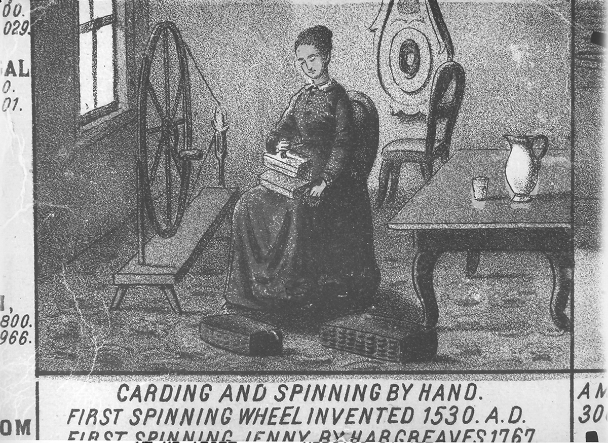 Anders Beer Wilse, Konv: Knud Graah tekst på bildet: Carding and spinning by hand. First spinning wheel invented 1530.A.D.First spinning Jenny by hargreaves,1767