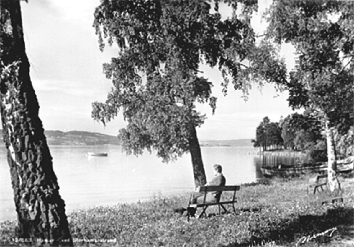 Anno Domkirkeodden, RIDEHUSSTRANDA, MANN, BENK, MJØSA. POSTKORT.