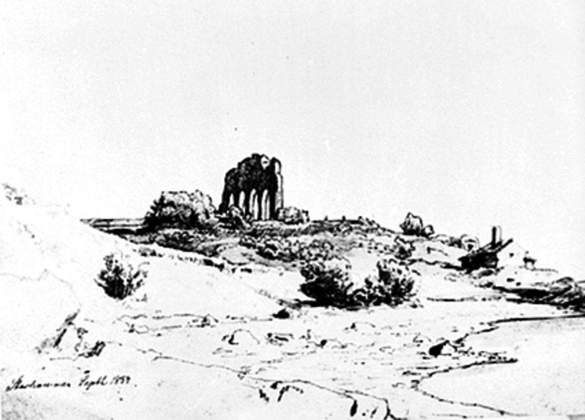 Anno Domkirkeodden, REPRO, TEGNING, DOMKIRKERUINEN, LITOGRAFI AV JOACHIM FRICH, HEDMARKSMUSEET OG DOMKIRKEODDEN