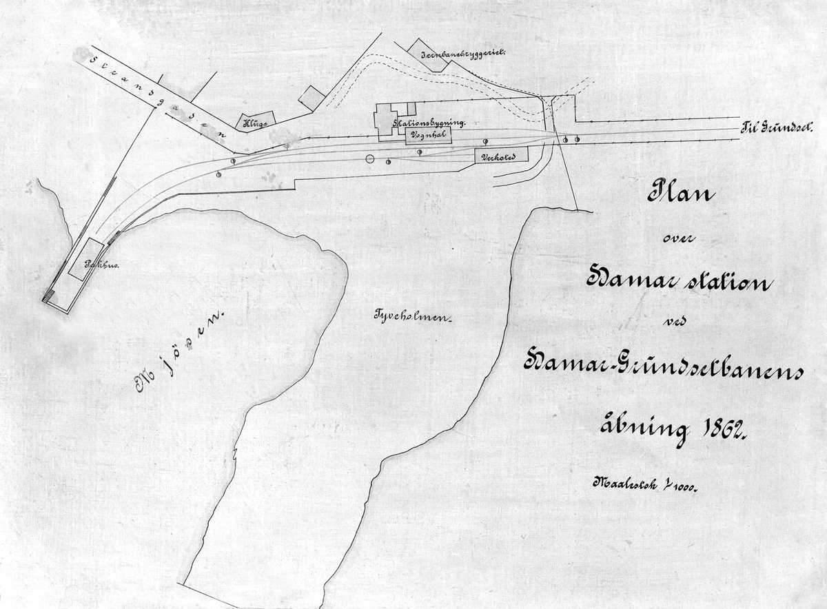 Anno Domkirkeodden, KART FRA 1862, HAMAR STASJONSOMRÅDE, JERNBANEBRYGGA, 1862.