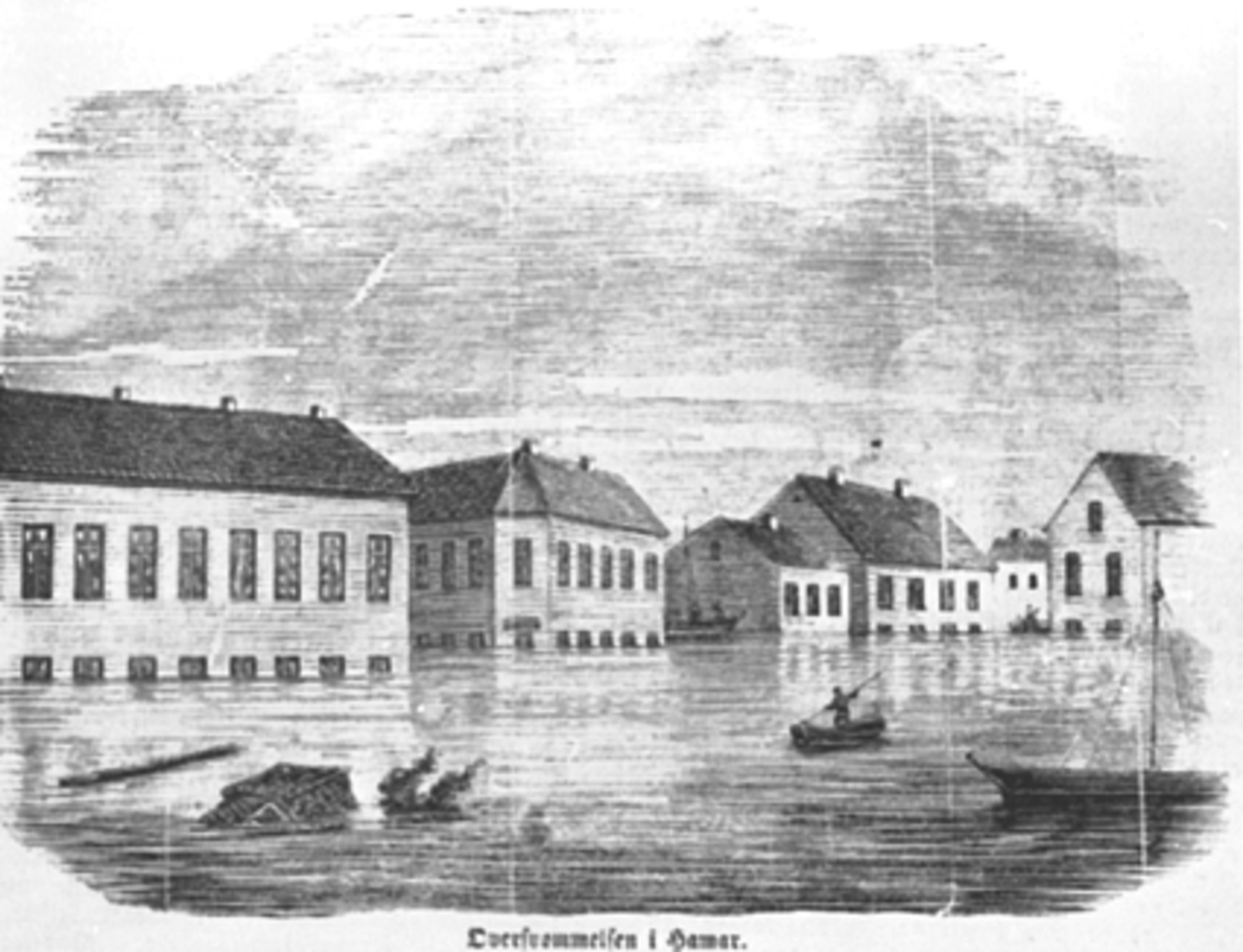 Anno Domkirkeodden, ILLUSTRASJON FRA ILLUSTRERT NYHETSBLAD 1860. STORFLOM, BÅTER, "OVERSVØMMELSE I HAMAR"