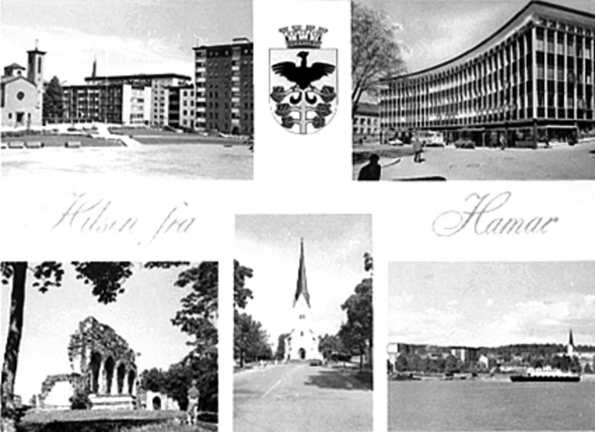 Anno Domkirkeodden, 5-DELT POSTKORT, ST. TORFINN KLINIKK, BYVÅPENET, TRIANGELGÅRDEN, DOMKIRKERUINEN PÅ HEDMARKSMUSEET OG DOMKIRKEODDEN, HAMAR DOMKIRKE, HAMAR SETT FRA MJØSA