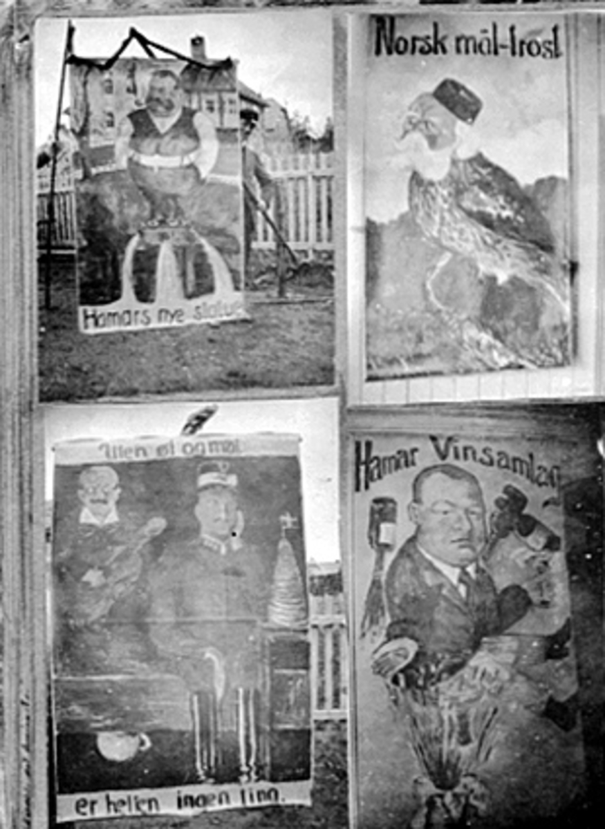 Anno Domkirkeodden, 4 PLAKATER FRA RUSSETOGET 1920, TEKST PÅ PLAKATENE ØVERST TIL VENSTRE HAMARS NYE STATUE OG NORSK MÅL-FROST, NEDERST TIL VENSTRE UTEN ØL OG MAT ER HELTEN INGENTING OG HAMAR VINSAMLAG