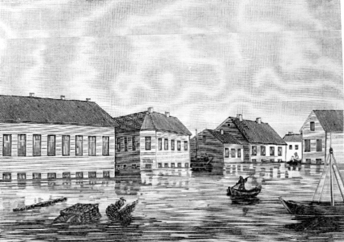 Anno Domkirkeodden, TRYKK FRA HØSTREVYEN 1899, MOTIV FRA HAMAR-FLOMMEN 1860. Se reg. skjema. Se også Hamarboka fra 1982 bilde nr. 280.