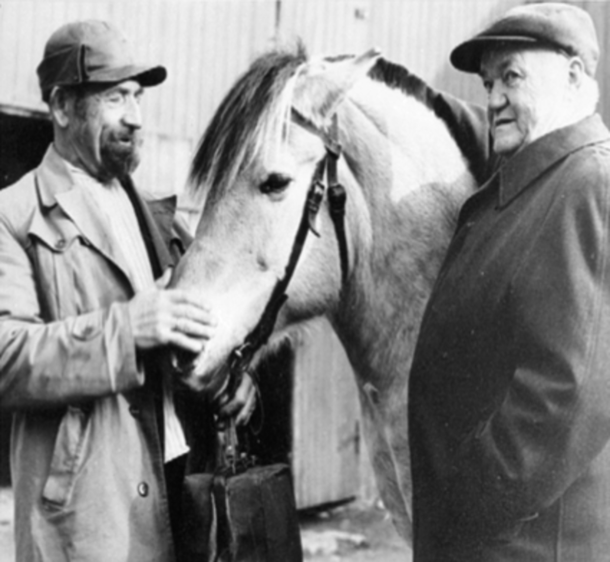 Anno Domkirkeodden, "Revy Per" Peder Pedersen og hestehandler Bernt Haave fra Furnes. Hestehandel Oplandske Gjestgiveri. 1940-årene. Stallgården.