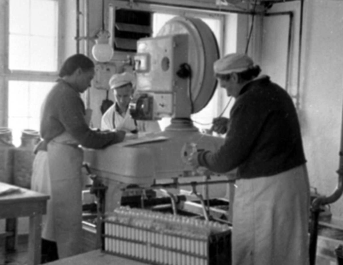 Anno Domkirkeodden, INTR: HEDMARK MEIERI, MELKEMOTAK, 3 ARBEIDERE V/MASKIN