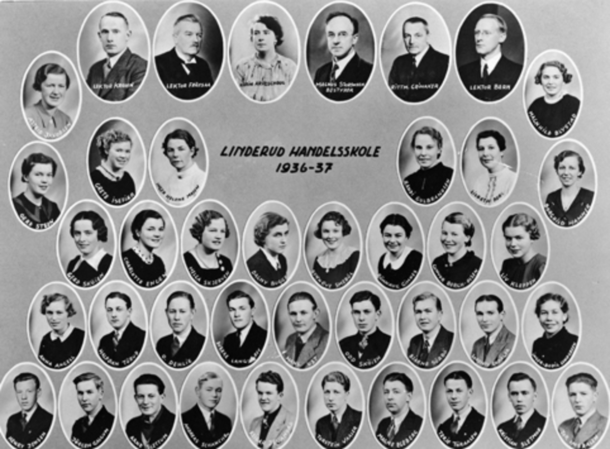 Anno Domkirkeodden, LINDERUDS HANDELSSKOLE 1936-1937. ELEVER OG LÆRERE M/NAVN.