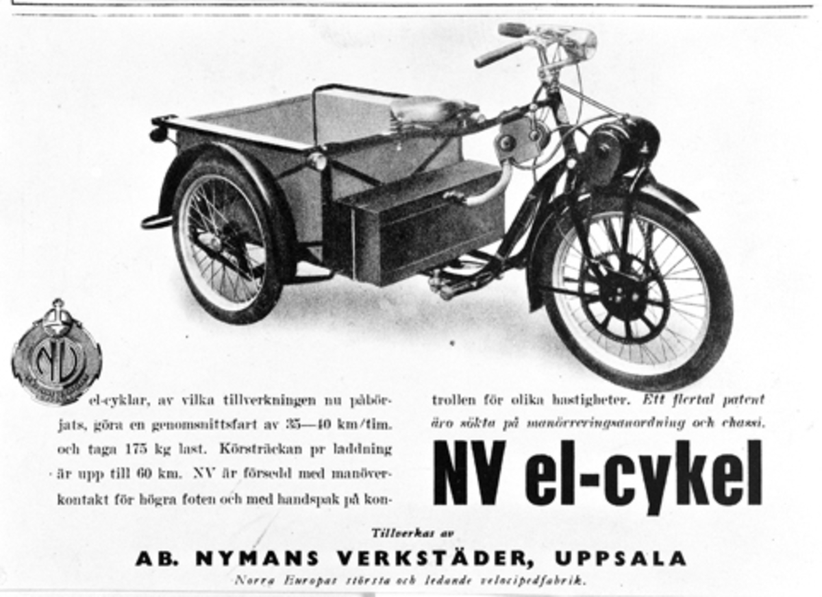 Anno Domkirkeodden, INGENIØR SVERRE HAGEN MEK. VERKSTED, LINDBERGBAKKEN 3, ELEKTRISK MOTORSYKKEL, ANNONSE FOR NV EL-CYKEL PRODUSERT VED AB NYMANS VERKSTEDER I UPPSALA. SE ARTIKKEL I KAUPANG OG BYGD, ÅRBOK FRA 2006.