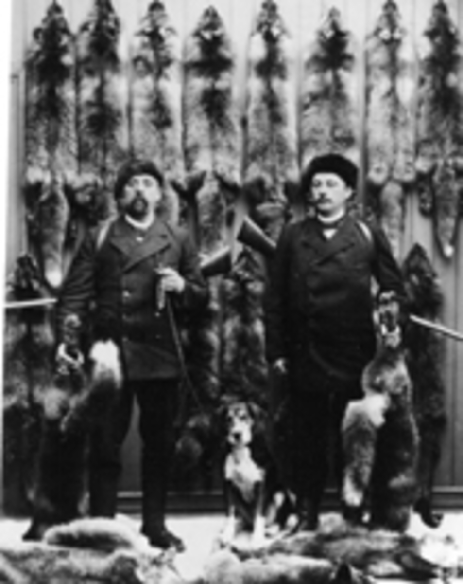Anno Domkirkeodden, To revejegere med gevær, hund og reveskinn. Mathias Pedersen Neraasen og Nils Pedersen Lier. Mathias Pedersen Neraasen (1866-1943) inngiftet på Skarløkken Veldre. Nils Peder Lier (1863), sønn av den kjente elgjeger Peder Lier. Nils var bruker av Lier fra 1892-1906.