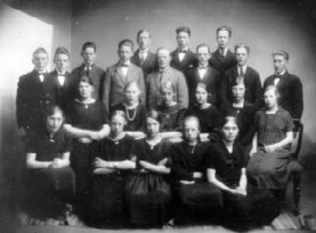 Anno Domkirkeodden, Gruppe elever og lærer ved Dæhli skole, Nes, Hedmark. Fortsettelsesskole. Første rad fra venstre er Martha Kongsrud, Louise Pauli Nordsveen, Astrid Lysrud, Bjørge Monsbakken, Borghild Bjørge. Andre rad fra venstre er A.M. Kongsrud, Pauline Sølvsberg, Aslaug Øvern, Helga Monsbakken, Gudrun Karlstad,…