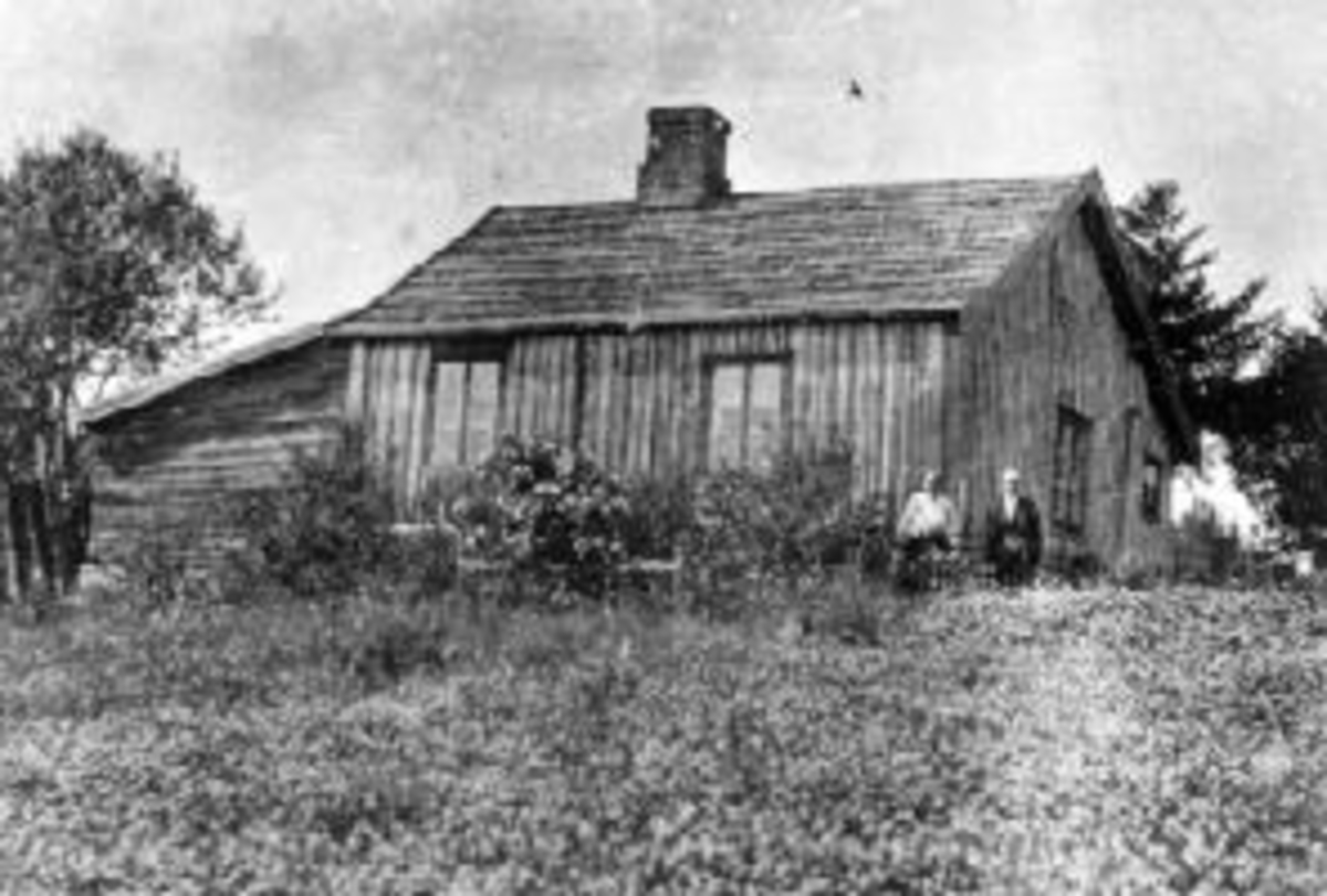 Anno Domkirkeodden, Eksteriør, husmannsplass. Linnerud, Nes, Hedmark. Eldre ektepar foran huset.