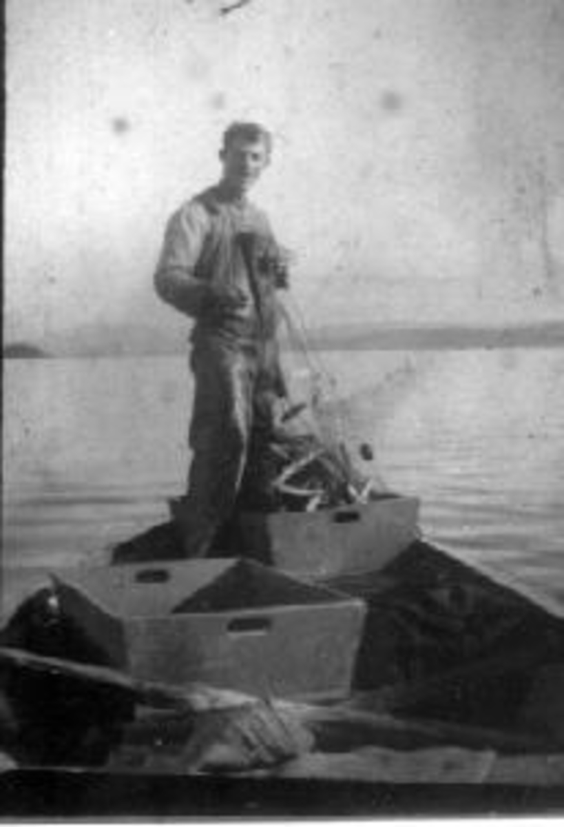 Anno Domkirkeodden, Lagsildfiske med garn i Mjøsa utafor Helgøya. Mann med oljebukse i robåt. Trekasser for garn.