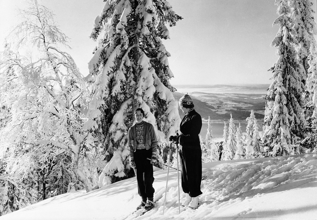 Anno Domkirkeodden, To unge damer på ski i Høsbjøråsen, Furnes, Ringsaker. Snødekte trær.