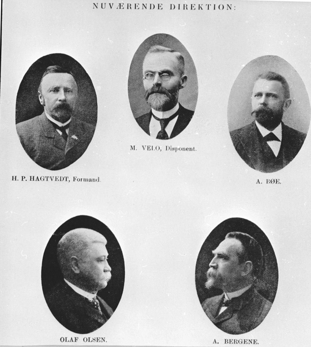 Anno Domkirkeodden, Portretter av direksjonen ved Brumunddal Potetmelfabrikk. H.P. Hagtvedt, M. Velo, A. Bøe, Olaf Olsen, A. Bergene.