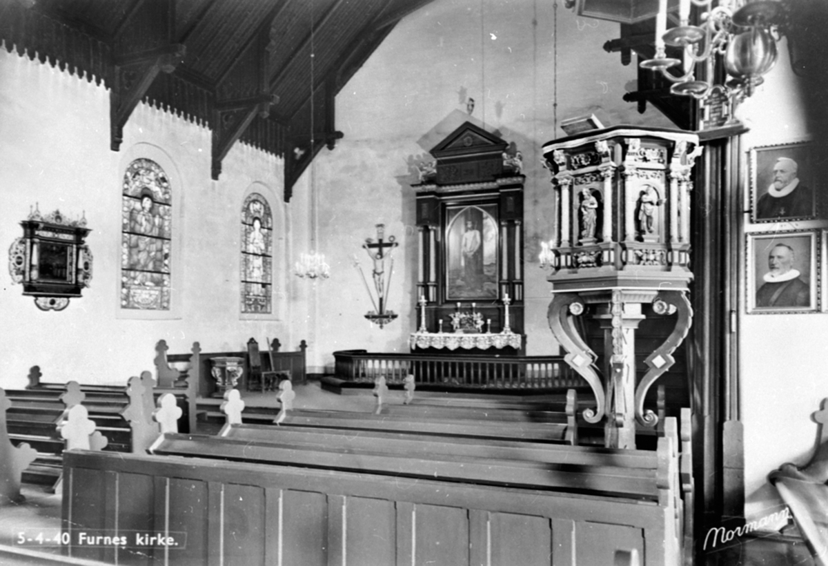 Anno Domkirkeodden, Interiør, Furnes kirke, Ringsaker, altertavle, prekestol, benker.