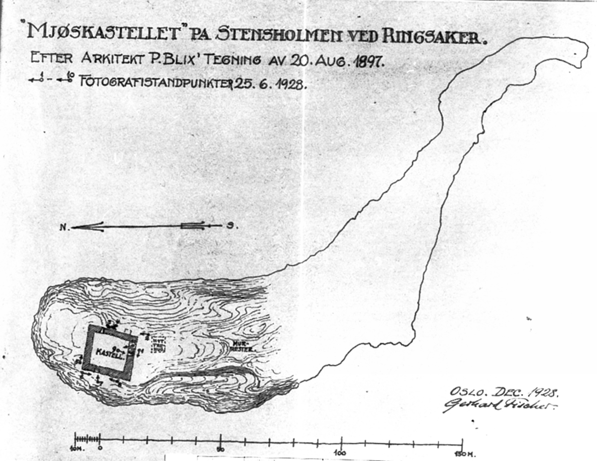 Anno Domkirkeodden, Mjøskastellet på Steinsholmen, Ringsaker. Tegning av arkitekt Blix, grunnplan G. Fisher.