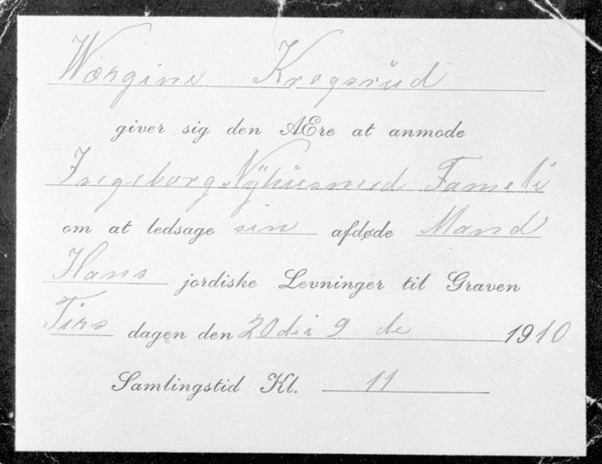 Anno Domkirkeodden, Invitasjon til begravelse den 20.9.1910. Gjelder Peder Nilsen Krogsrud f.1822. Hans enke er Wærgine/Birgine/Gina Hansdatter f.1851.