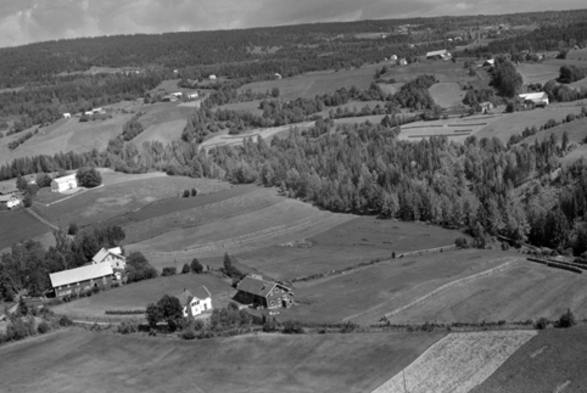 Anno Domkirkeodden, Flyfoto, : I forgunnen Velt-Røsbak og Hølstad (Hoelstad) i Furnes. I bakgrunnen bl.a. Busterud, Gjørsli og Dalseng i Vang.