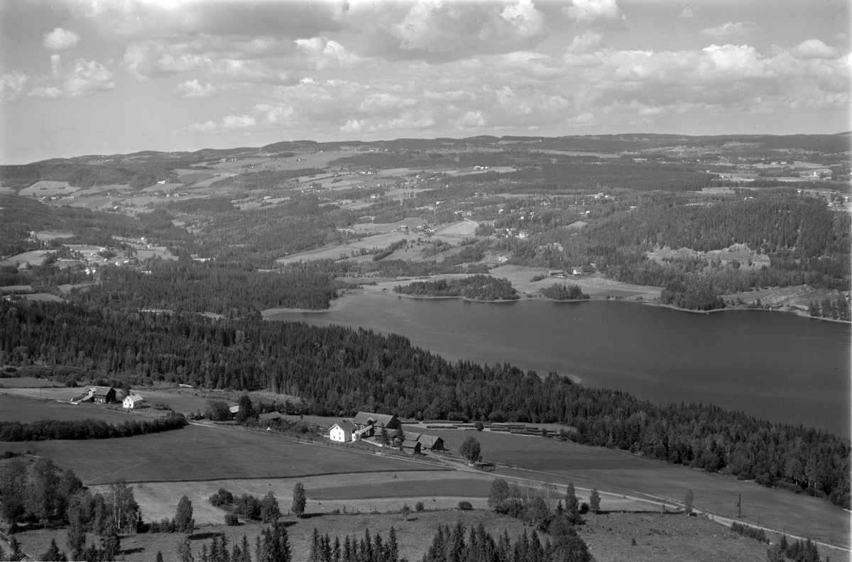 Widerøes Flyveselskap A/S, Flyfoto av Ånnerud gard, Ringsaker. Utsikt mot Botsenden, Veldre.