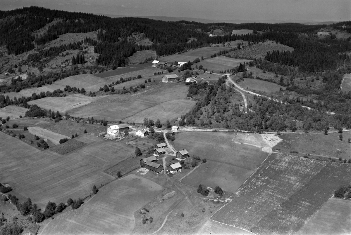 Widerøes Flyveselskap A/S, Flyfoto av Afset gard, Ring, Ringsaker. Amli garder i bakgrunn.