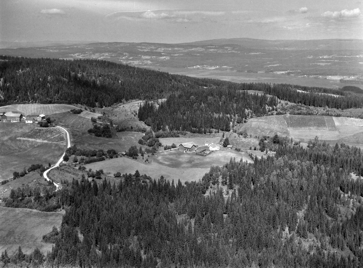 Widerøes Flyveselskap A/S, Flyfoto av Brattberg gard, Næroset, Ringsaker. Utsikt mot Næra.