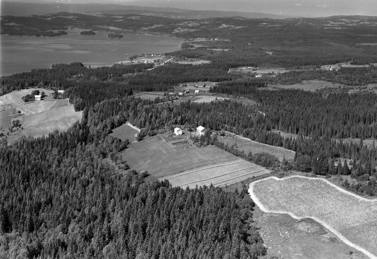 Widerøes Flyveselskap A/S, Flyfoto av Skogli gard, Åsmarka., Ringsaker. Næra i bakgrunnen.
