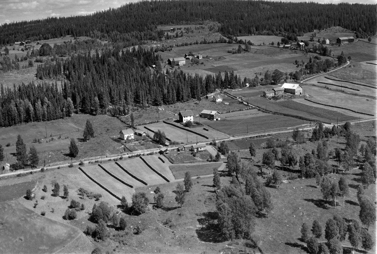 Widerøes Flyveselskap A/S, Flyfoto, midt i bildet: Onsumhagen, til høyre Solbakken. Åsmarka, Ringsaker. I bakgrunnen fra venstre: Tørtop, Onsumdalen, Stugulykkja og bakerst til høyre Nord Onsum. Åsmarkvegen i forgrunnen.