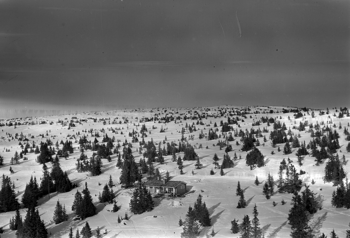 Widerøes Flyveselskap A/S, Flyfoto av hytte i vinterlandskap. Ukjent sted.
