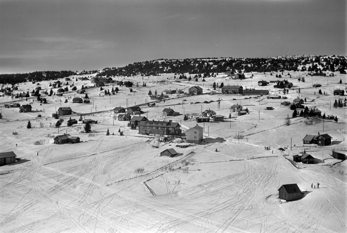Widerøes Flyveselskap A/S, Flyfoto av bebyggelse i vinterlandskap på Sjusjøen, Ringsaker Almenning.