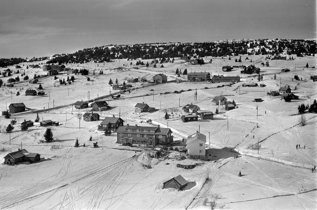 Widerøes Flyveselskap A/S, Flyfoto av bebyggelse i vinterlandskap på Sjusjøen, Ringsaker Almenning.