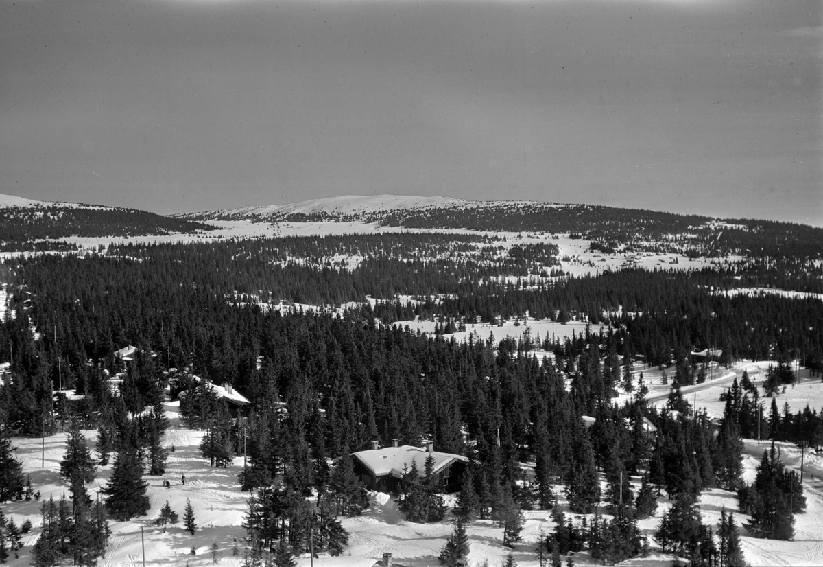Widerøes Flyveselskap A/S, Flyfoto av bebyggelse i vinterlandskap på Sjusjøen, Ringsaker Almenning.