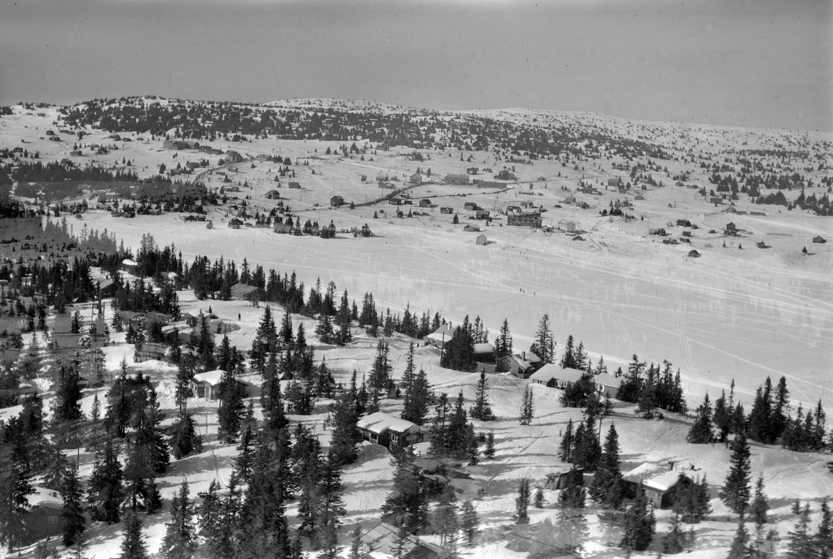Widerøes Flyveselskap A/S, Flyfoto av bebyggelse i vinterlandskap på Sjusjøen, Ringsaker Almenning.