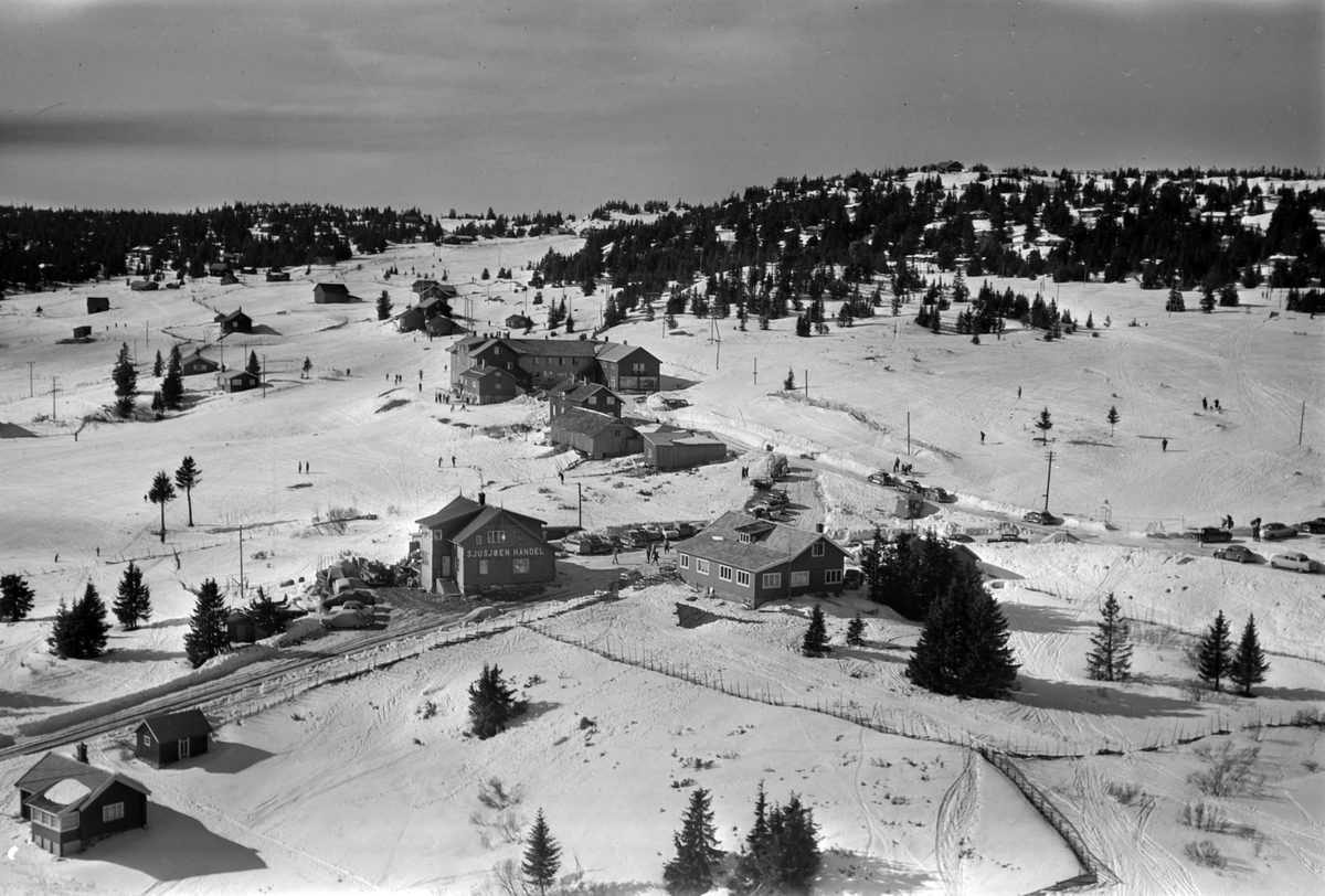Widerøes Flyveselskap A/S, Flyfoto av bebyggelse i vinterlandskap på Sjusjøen, Ringsaker Almenning.