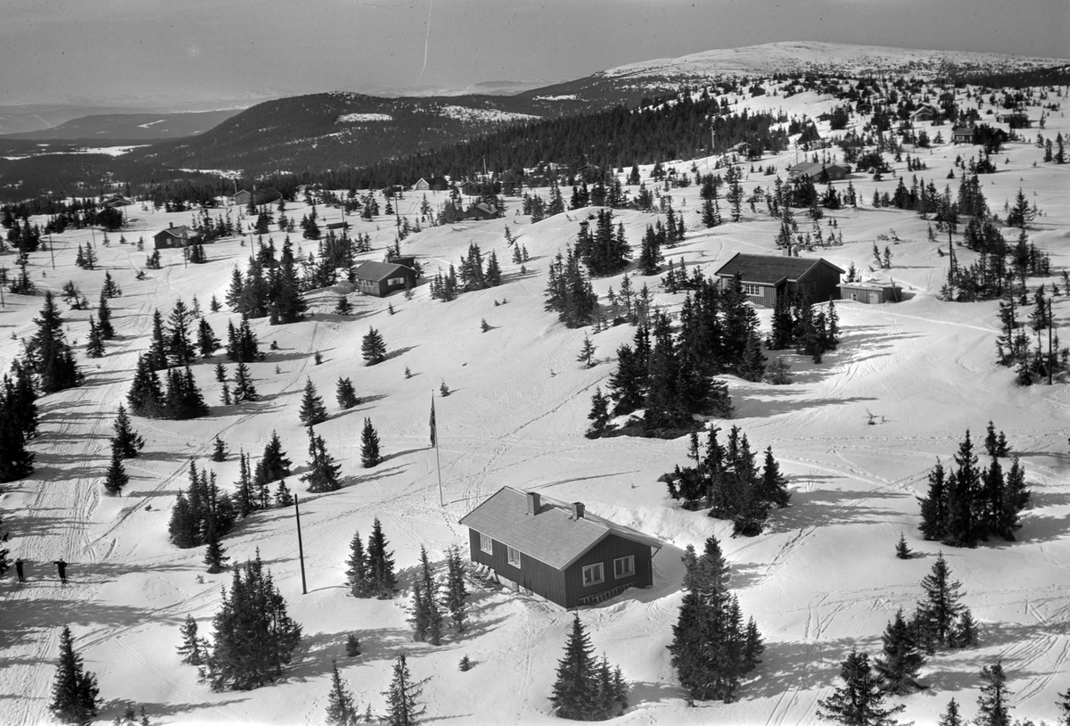 Widerøes Flyveselskap A/S, Flyfoto av bebyggelse i vinterlandskap på Sjusjøen, Ringsaker Almenning.