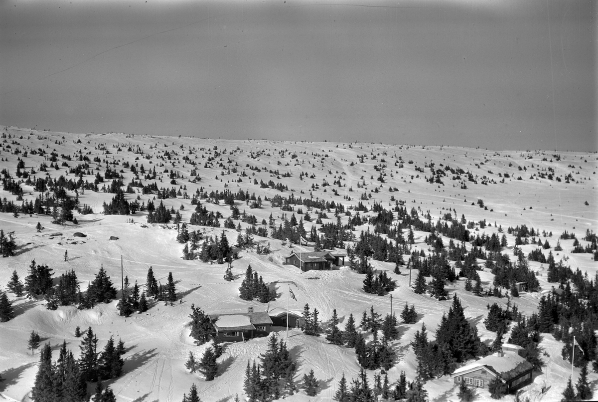 Widerøes Flyveselskap A/S, Flyfoto av bebyggelse i vinterlandskap på Sjusjøen, Ringsaker Almenning.