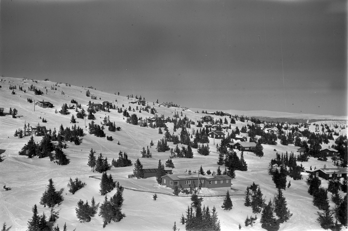 Widerøes Flyveselskap A/S, Flyfoto av bebyggelse i vinterlandskap på Sjusjøen, Ringsaker Almenning.