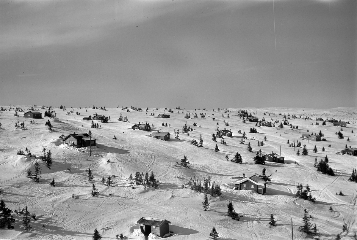 Widerøes Flyveselskap A/S, Flyfoto av bebyggelse i vinterlandskap på Sjusjøen, Ringsaker Almenning.