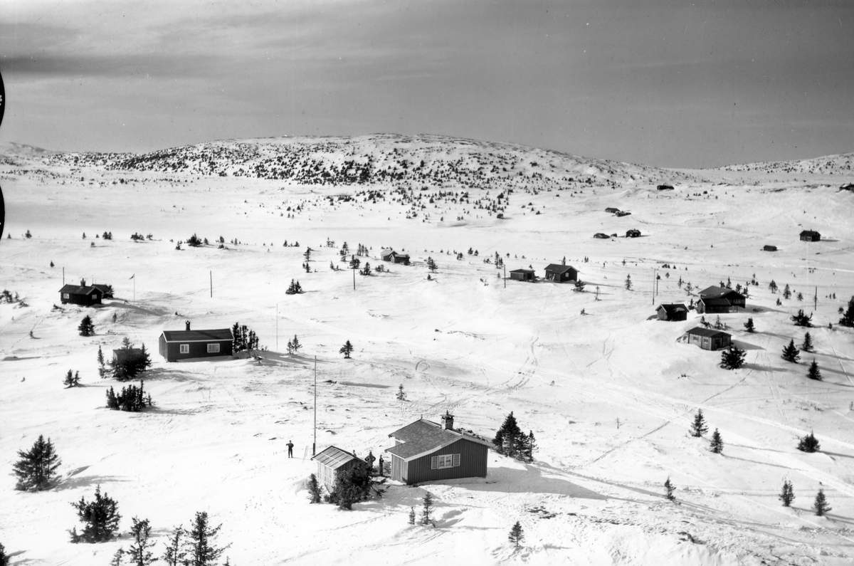 Widerøes Flyveselskap A/S, Flyfoto av bebyggelse i vinterlandskap på Sjusjøen, Ringsaker Almenning.