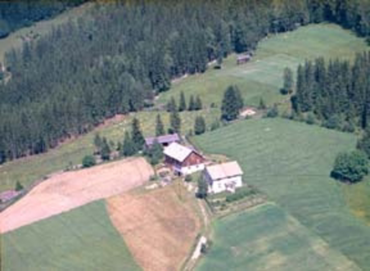 Widerøes Flyveselskap A/S, Flyfoto av Høystad, Furnes, Ringsaker. I bakgrunnen er bruket Voll som tilhører Rønningsbakken.