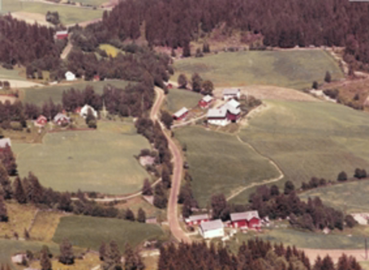 Widerøes Flyveselskap A/S, Flyfoto, Granerud, Furnes, Ringsaker. Dalby i forgrunnen, låven i Arneberg i venstre bildekant, Bjørkhaug til høyre og Borgen til venstre midt i bildet. Hol (tilhører Finstad) ovenfor Bjørkhaug og Borgen. Låven i Ringen (Rostua) øverst i venstre hjørne.